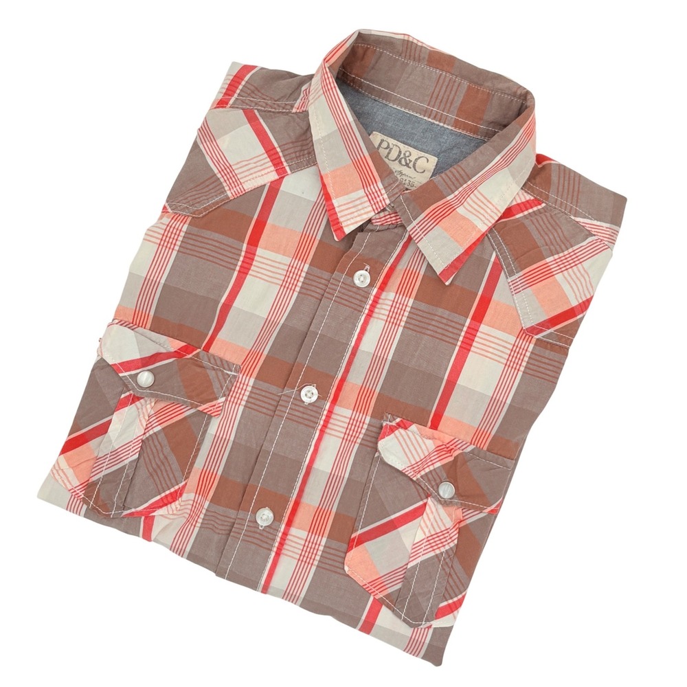 PD&C Plaid Western Button-Up‎ Shirt Roll-Tab Sleeves 100% Cotton Men's Medium